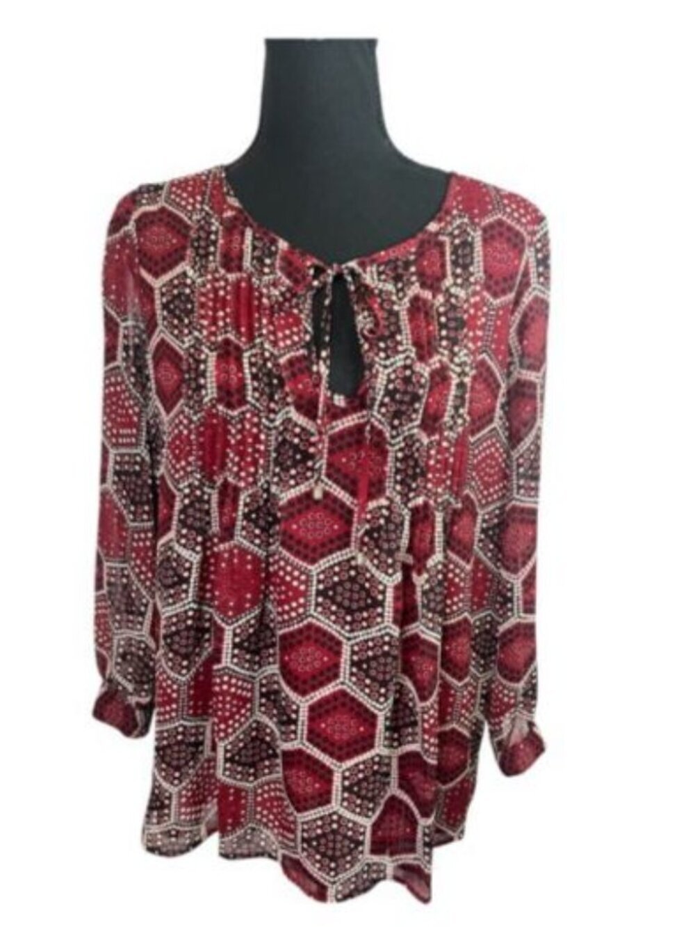 Tommy Hilfiger Chiffon Pintuck Blouse Sz M Geometric Honeycomb Keyhole Tie Front